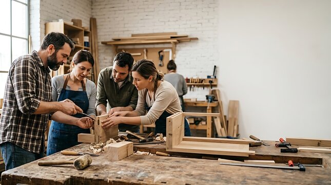 Group of people learning woodworking in a carpentry workshop
