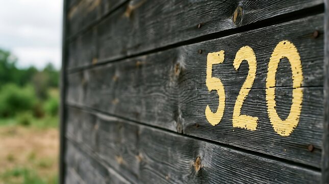 Yellow number 520 painted on weathered dark wood planks