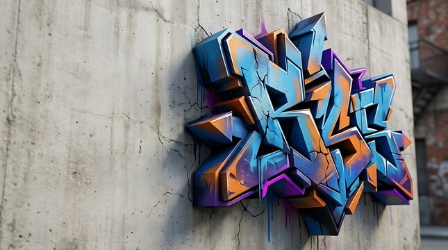 Colorful 3d graffiti art on a cracked concrete wall