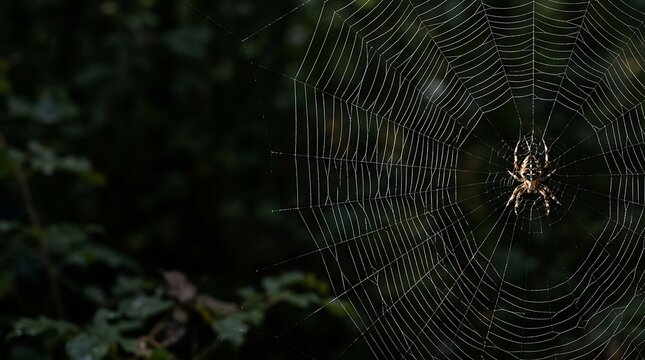 Spider in a large circular web against a dark forest background