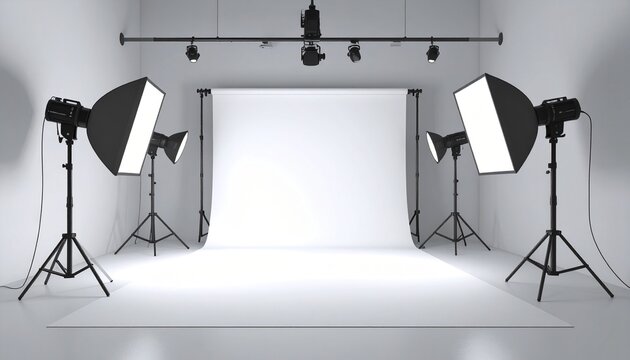 Professional Photo Studio Setup with Lights and Backdrop