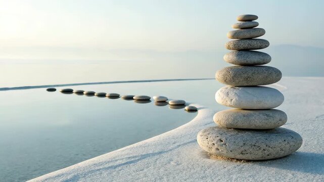 Zen Stone Stack on edge of infinity pool with calm water and soft sky