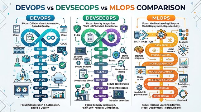 Comparison of devops devsecops and mlops software delivery models