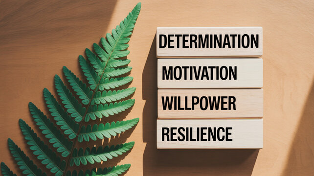 Wooden blocks with determination motivation willpower and resilience text next to green fern leaves on wooden background