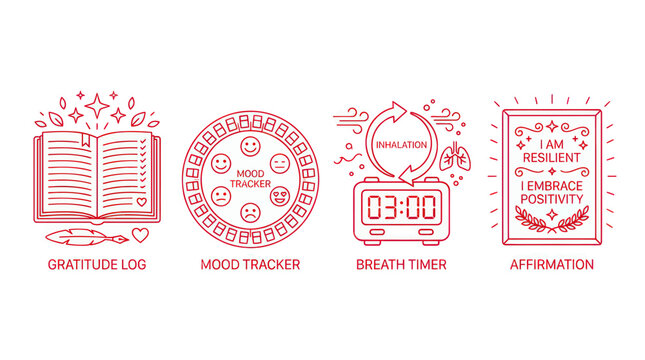 Mental Wellness Icons: Gratitude, Mood, Breath, Affirmation