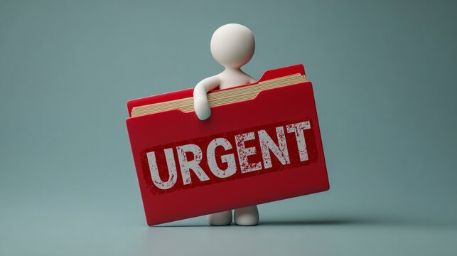 Stick figure holds a red urgent file folder with important documents.