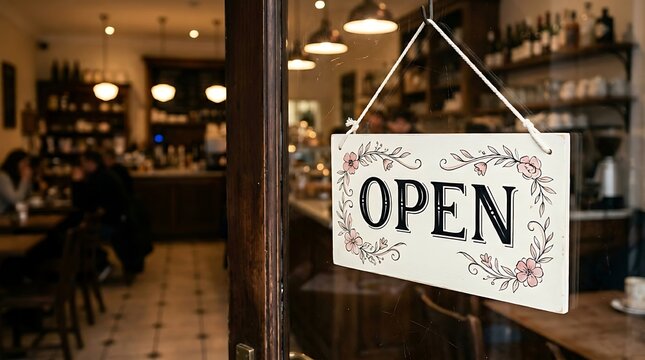 A welcoming 'OPEN' sign on a shop door, signaling new opportunities and a vibrant business atmosphere