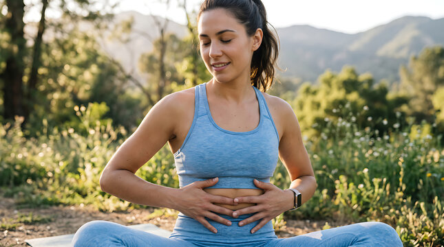 Young Woman Practicing Mindful Breathing with Hands on Abdomen Outdoors, Wellness, Relaxation and Healthy Lifestyle Concept