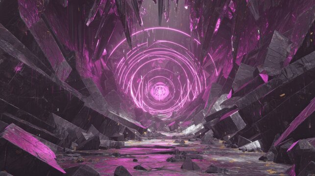 Glowing purple energy portal emerges from a dark, jagged crystalline cavern tunnel