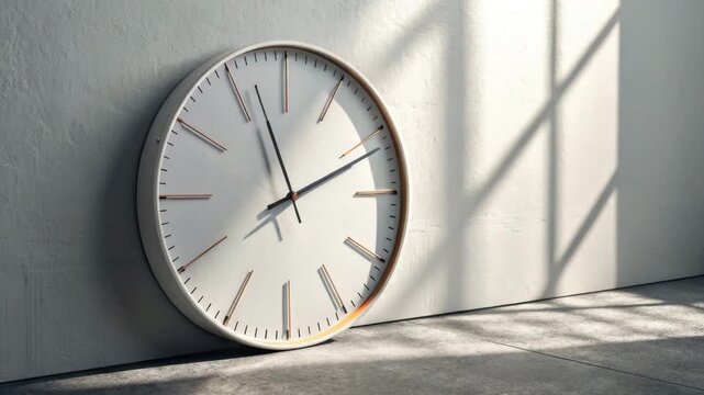 Minimalist wall clock ticking against concrete wall with dramatic sunlight and shadow patterns