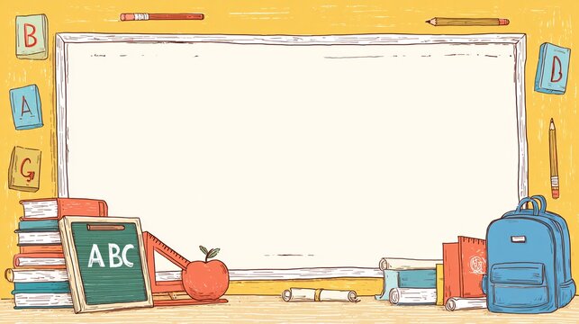 School supplies illustration with books, apple, and chalkboard frame.