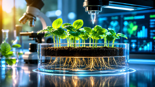 AI generated hydroponic plant research showcasing healthy seedlings root development biotechnology innovation laboratory monitoring sustainable agricultural technology