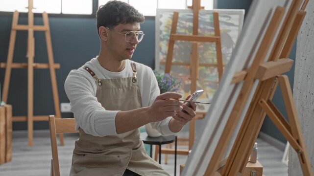 Man in apron paints canvas, holds brush and checks a phone for reference while seated at a wooden easel in a bright studio with window light; focused creativity.