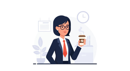 A professional businesswoman wearing a suit and glasses stands in her office, holding a steaming cup of coffee while smiling warmly. © Samsul