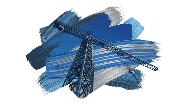 Tower crane looms over a stylized blue painted background to represent heavy industrial development and infrastructure.