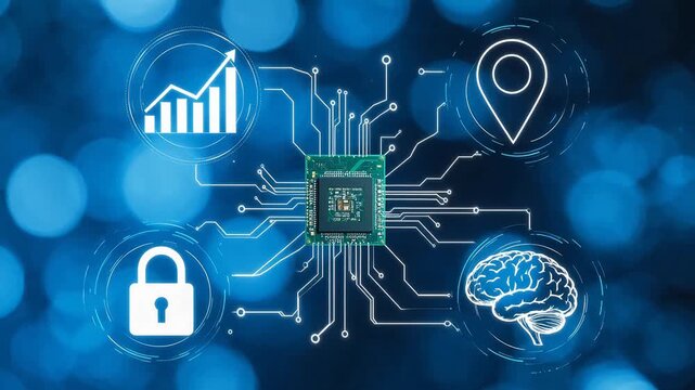 Circuit board with icons on blue background