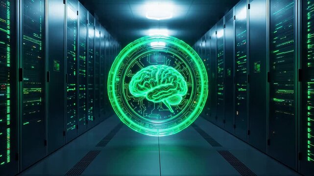 Server room with glowing brain graphic