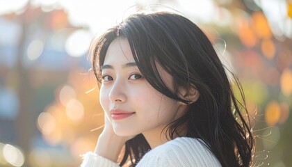 Obraz premium 清楚で可愛らしい日本人女性の美容ポートレート 白背景のナチュラルスキンケアイメージ