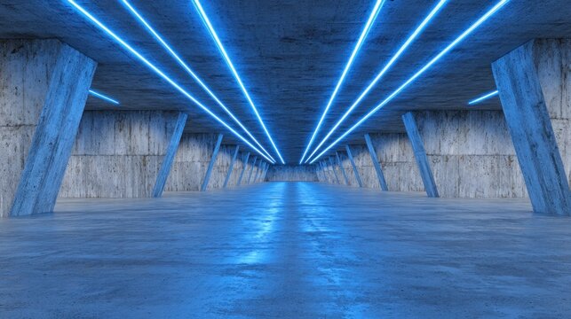 Illuminated concrete tunnel interior features repeating parallel blue light strips on the ceiling