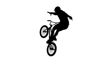 Silhouette of a bmx rider performing a stunt trick on white background © Ating