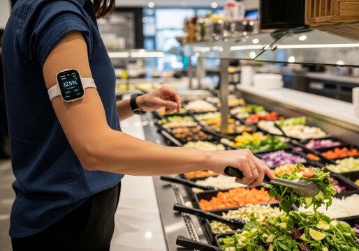 Woman wearing continuous glucose monitor on arm while serving salad in cafeteria. Digital health tracking device and technology. Healthy lifestyle, nutrition management and wellness.