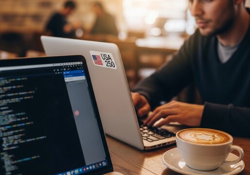 Man programmer typing on laptop in coffee shop. Software developer writing code on computer screen. Remote work lifestyle, freelancer workplace, digital technology and education concept.