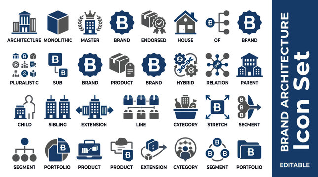 Brand Architecture Icon Set: Buildings, Boxes, Relations, Segments, Portfolio, Marketing