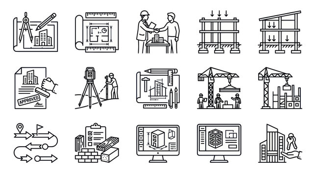 Construction and Architecture Icons: Blueprint, Planning, Building Process, Engineering