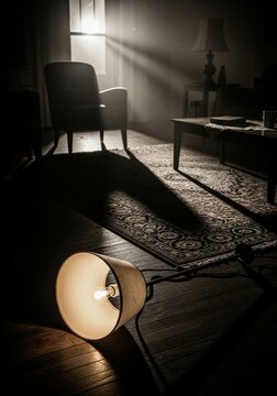 Fallen floor lamp lying on living room floor. Dim interior scene with dramatic light beam from window. Concept of mystery, crime investigation, loneliness and dark home atmosphere.