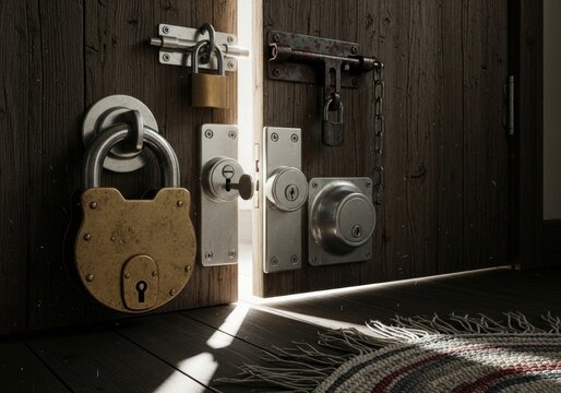 Wooden door with multiple steel locks and latch slighty opened. Concept of security, home protection and privacy. Symbolic light entering through gap to represent opportunity and secret.
