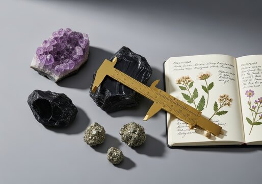 Raw mineral stone with brass caliper and botanical journal. Geologist measuring black obsidian rock and amethyst crystal. Earth science research, mineralogy study and gemology concept.