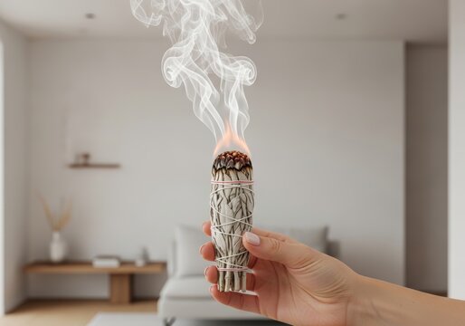 Woman holding burning sage bundle. Smudging ceremony for space cleansing and spiritual meditation. Holistic ritual for healing, relaxation, and purifying home atmosphere indoor.