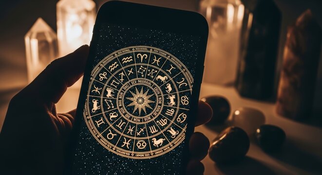 Person using smartphone to view zodiac wheel. Astrologer checking horoscope on mobile device. Celestial map showing astrology signs and constellations. Future prediction and occult concept.