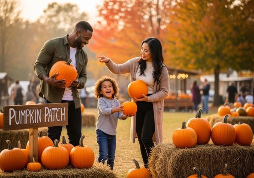 African American man, Asian woman and mixed race child picking pumpkin at farm. Family choosing vegetable at pumpkin patch during autumn. Seasonal holiday activity for Thanksgiving celebration.
