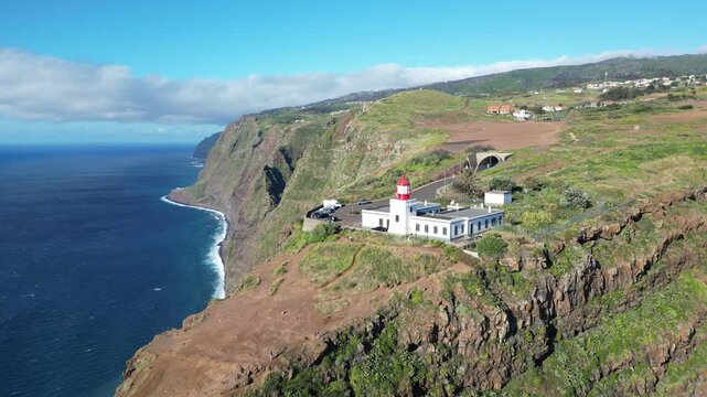 Aerial view of historic Farol da Ponta do Pargo lighthouse Madeira