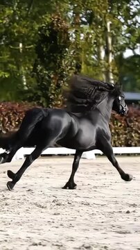 Majestic black stallion performing powerful rearing motion in this dynamic equine video footage captured during a sunny golden hour display of raw animal strength and natural elegance showing the beau