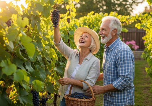 Senior woman and man harvesting grape in sunny vineyard. Happy couple picking fresh fruit in summer garden. Agriculture work during autumn harvest season. Organic wine production concept.