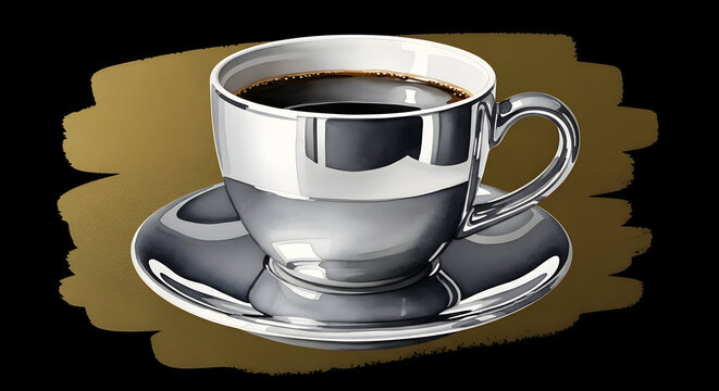 Elegant Coffee Cup and Saucer with Metallic Finish on Gold Background