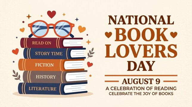 National book lovers day poster with stack of books and glasses on beige background
