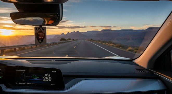 View from inside car driving on highway during sunset near canyon. Road trip adventure through scenic landscape. Summer travel concept with dashboard visible during golden hour.