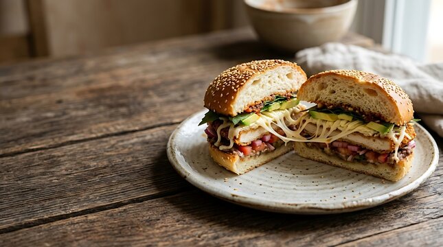 Halved gourmet chicken burger with melted cheese on rustic wood table
