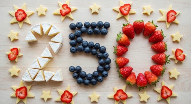 Number 250 made of brie cheese, blueberry and strawberry on wooden background. Food art composition for birthday anniversary celebration or jubilee party invitation. Creative flat lay design.