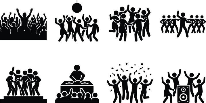 Party and concert crowd silhouettes featuring dancing people, DJ, disco ball, and music festival celebration