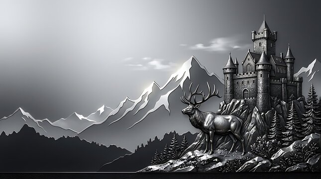 Majestic castle and stag standing on a mountain cliff side