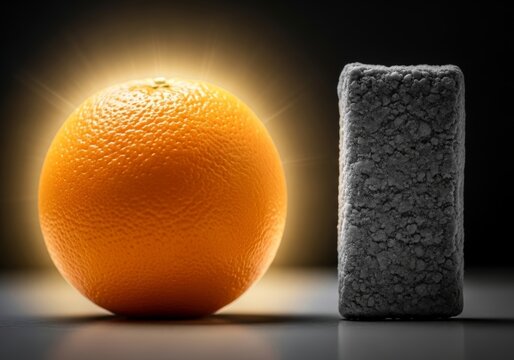Glowing orange fruit next to a textured gray stone block. Concept of natural product versus artificial object. Healthy food and raw material contrast in a minimalist studio composition.