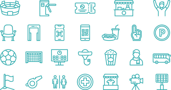 A collection of blue line art vector icons representing various stadium and sporting event activities