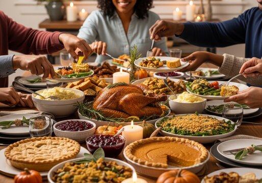 Family and friends eating together at Thanksgiving dinner table. People holding plates and serving roasted turkey with sides. Holiday celebration and tradition in cozy dining room.