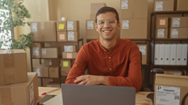 Man smiling with laptop and stacked cardboard boxes, hands on desk in building storage area, seated at workstation; small business confidence.