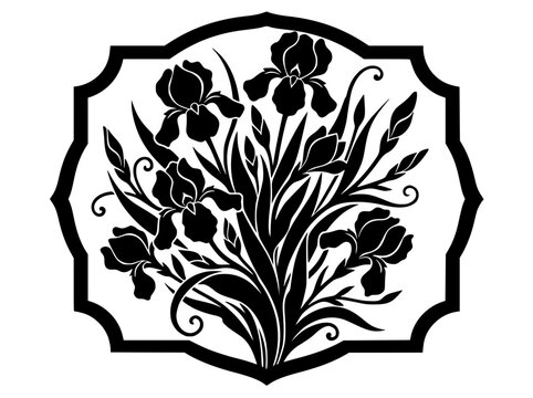 Black and white iris flower bouquet illustration in a decorative frame