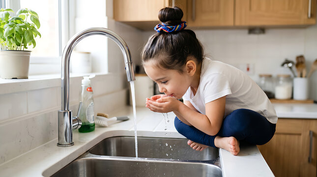 Young Girl Filling Glass with Tap Water in Kitchen, Healthy Hydration, Clean Drinking Water and Childhood Wellness Concept